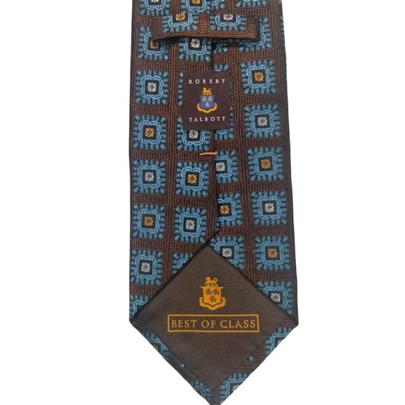 Robert Talbott Best Of Class 100% Silk Tie Geometric Squares Brown Blue 58"x3.5" - Picture 2 of 3